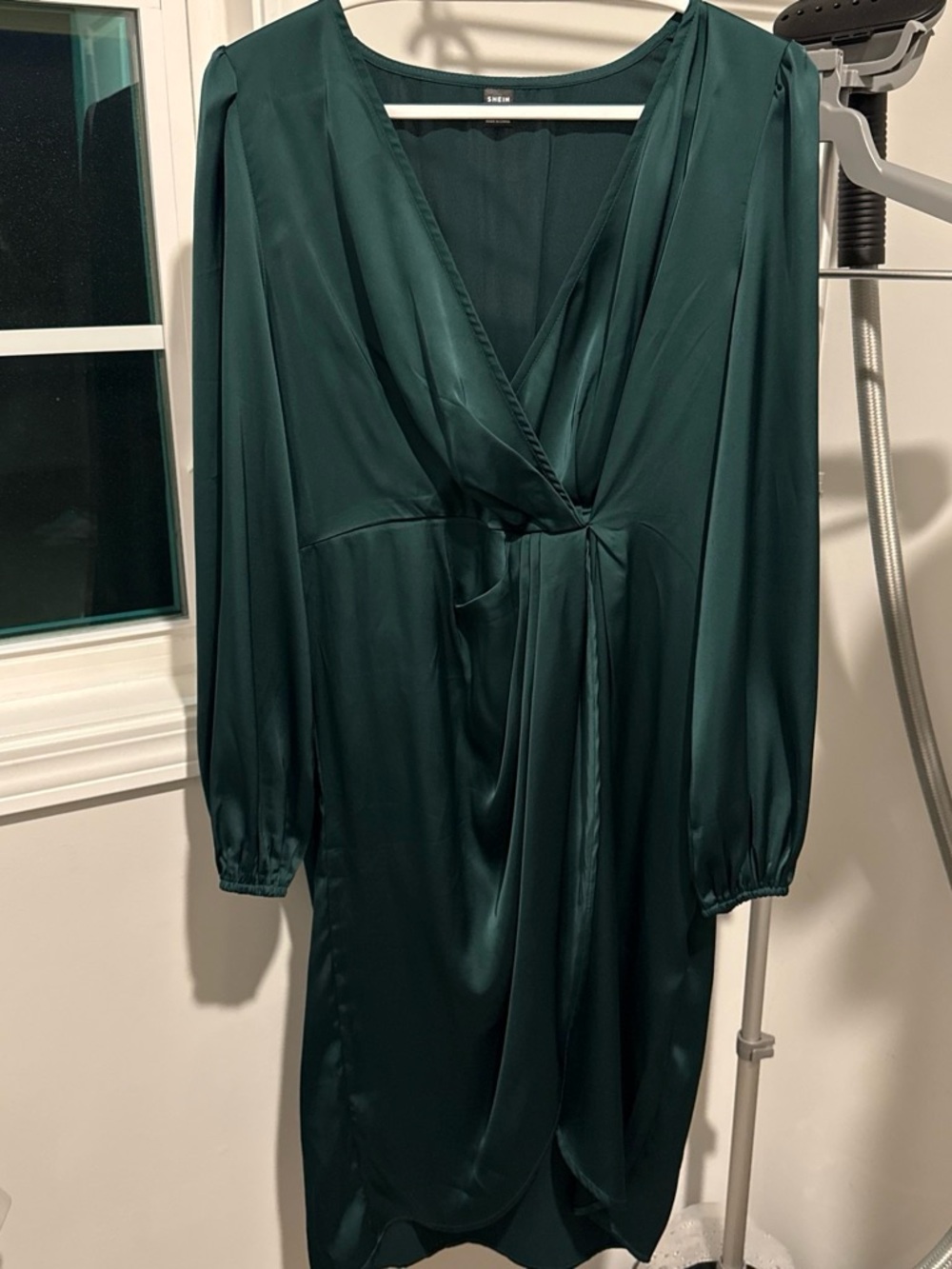 SHEIN Dark Emerald Satin Long Sleeve Wrap Dress